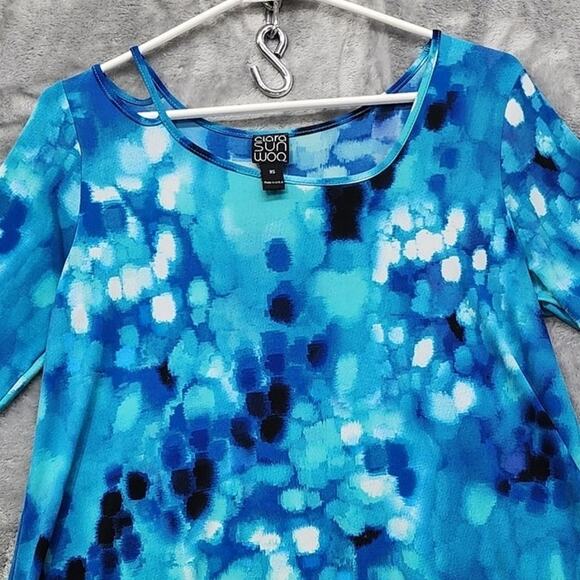 CLARA SUN WOO Top Womens XS Blue Purple Watercolor Neck Cut-Out Asymmetric Tunic - Picture 2 of 10